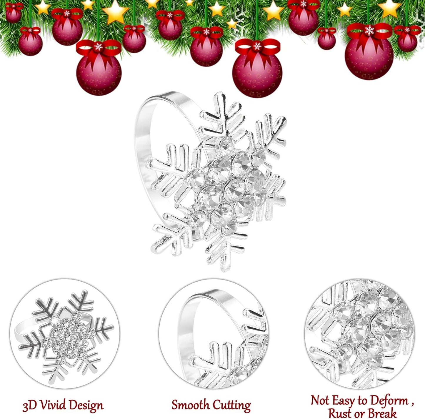 Legigo Set of 8 Christmas Xmas Snowflake Napkin Rings Set- Metal Diamond Snow Xmas Napkin Ring Holders for Cloth Napkins, Christmas Holiday Party Dinner Table Decoration