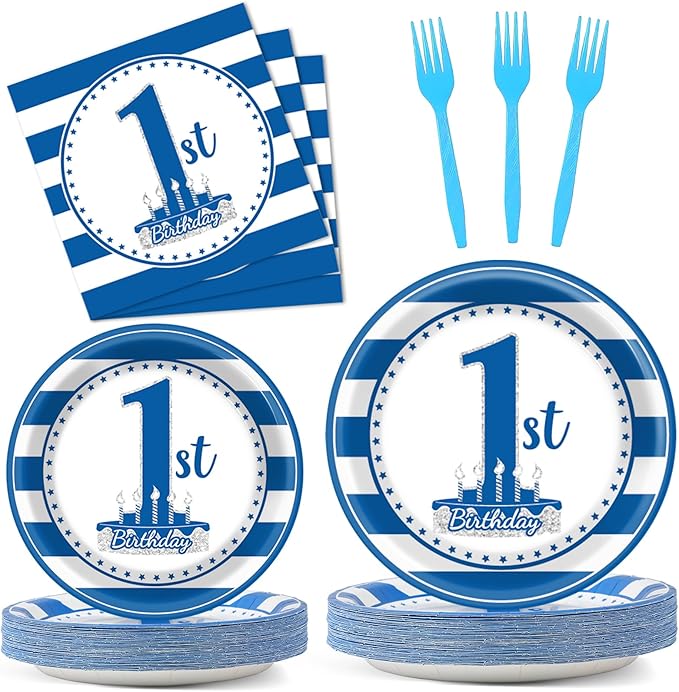 96Pcs Baby First Birthday Party Supplies Boy 1st Birthday Paper Plates Napkins Nautical Blue One Party Decorations Baby Show One Year Old Dinnerware Favor Tableware Serves 24