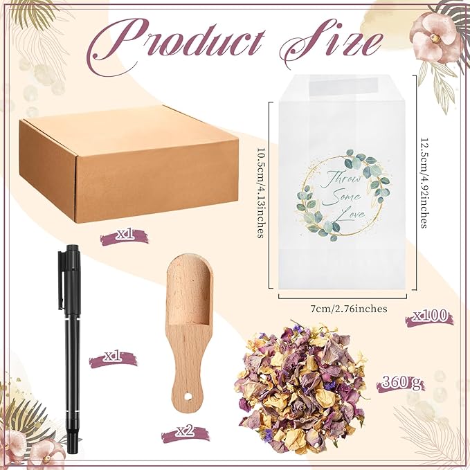 330g Biodegradable Flower Petals 100 Pcs Wedding Confetti Bags Real Dried Flowers Petals Jasmine, Lavender & Rose Mix Petal for Flower Girls to Throw Wedding Decor & Send off Ideas