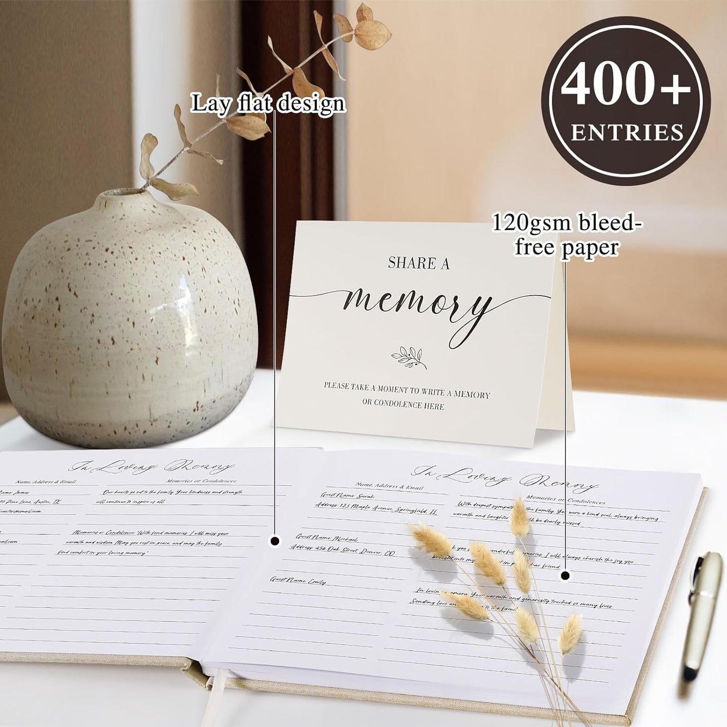 Lanpn Funeral Guest Book for Memorial Service, Linen Celebration of Life Registry Guest Book with Open Window, Memory Book for Funeral with Table Sign, Funeral Favors Sign in Books for Guests, Black