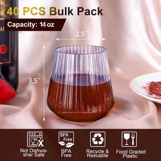 40 Pack Plastic Ribbed Wine Glasses, 14Oz Origami Disposable Wine Glasses Unbreakable Clear Plastic Cocktail Glasses Recyclable Shatterproof Reusable Wine Cups (14oz-blue-40pack)