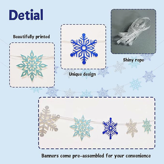 2 Pcs Glitter Snowflake Banner, Snowflake Winter Party Decorations, Snowflake Garland Christmas Party Decorations (Blue&Silver)