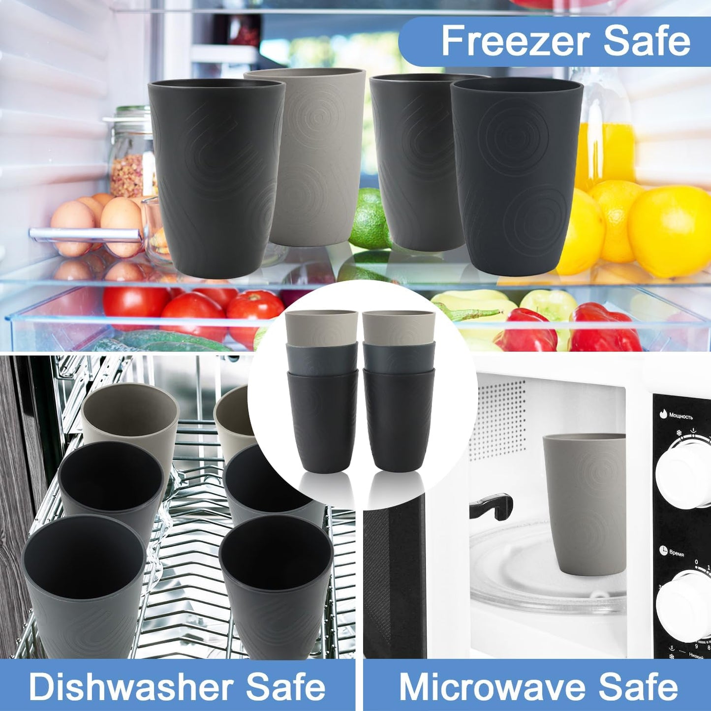 Wheat Straw Cups 6 PCS - 16 OZ Drinking Glasses, Unbreakable Drinking Cup, Water Tumbler for Kitchen, Alternative to Plastic Cups Reusable Microwave and Dishwasher Safe (Black, Grey)