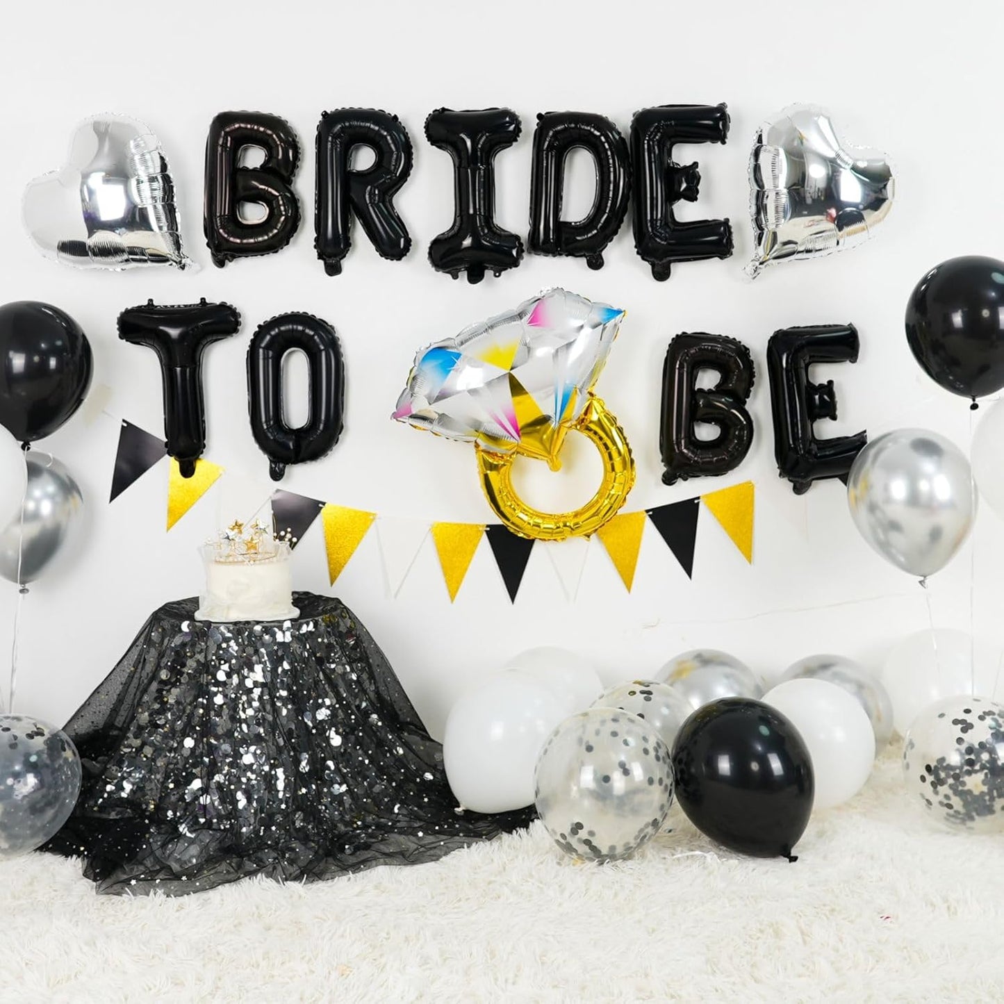 Black and Silver Bachelorette Party Decorations, Black Bride To Be Bridal Shower Decorations, Black White Silver Balloons and Diamond Ring Silver Heart Balloons for Bachelorette Engagement Wedding