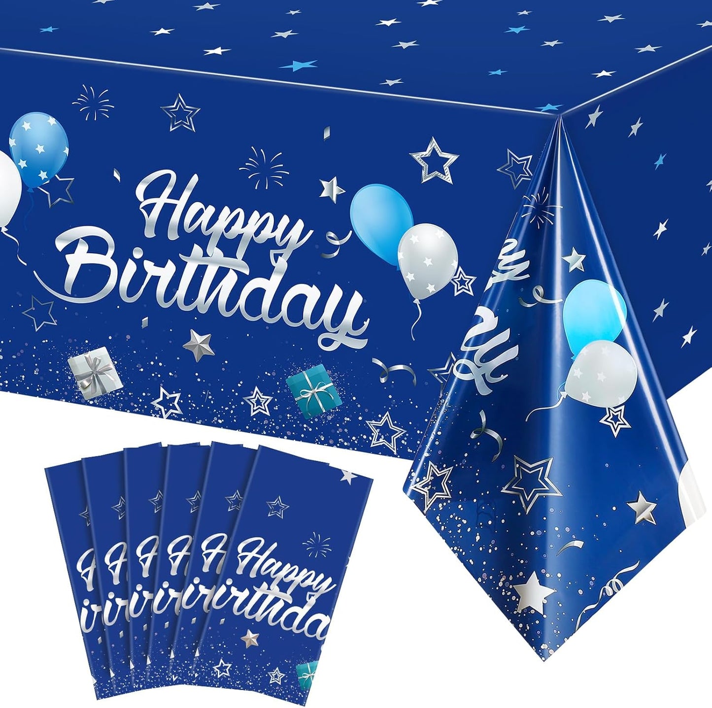 Tegeme Navy Blue Party Supplies Stars Happy Birthday Tablecloths Starry Confetti Table Covers for Kids Boys Girls Baby Shower Birthday Party Decorations(Navy Blue and Silver,6 Pack)