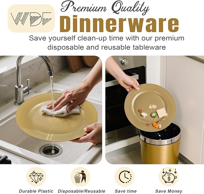 WDF 12Inch Plastic Charger Plates - 25Pack Gold Charge for Dinner - Disposable Gold Charge Plates - Perfect for Dinner/Wedding Party/Elegant Tabletop Decor