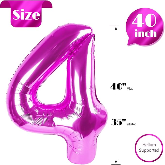 Rosy Purple 4 Balloon, Number Balloons 40 Inch, 4th Birthday Decorations for Girls Four Large Numbers for Party Decor, Number 4 Balloon