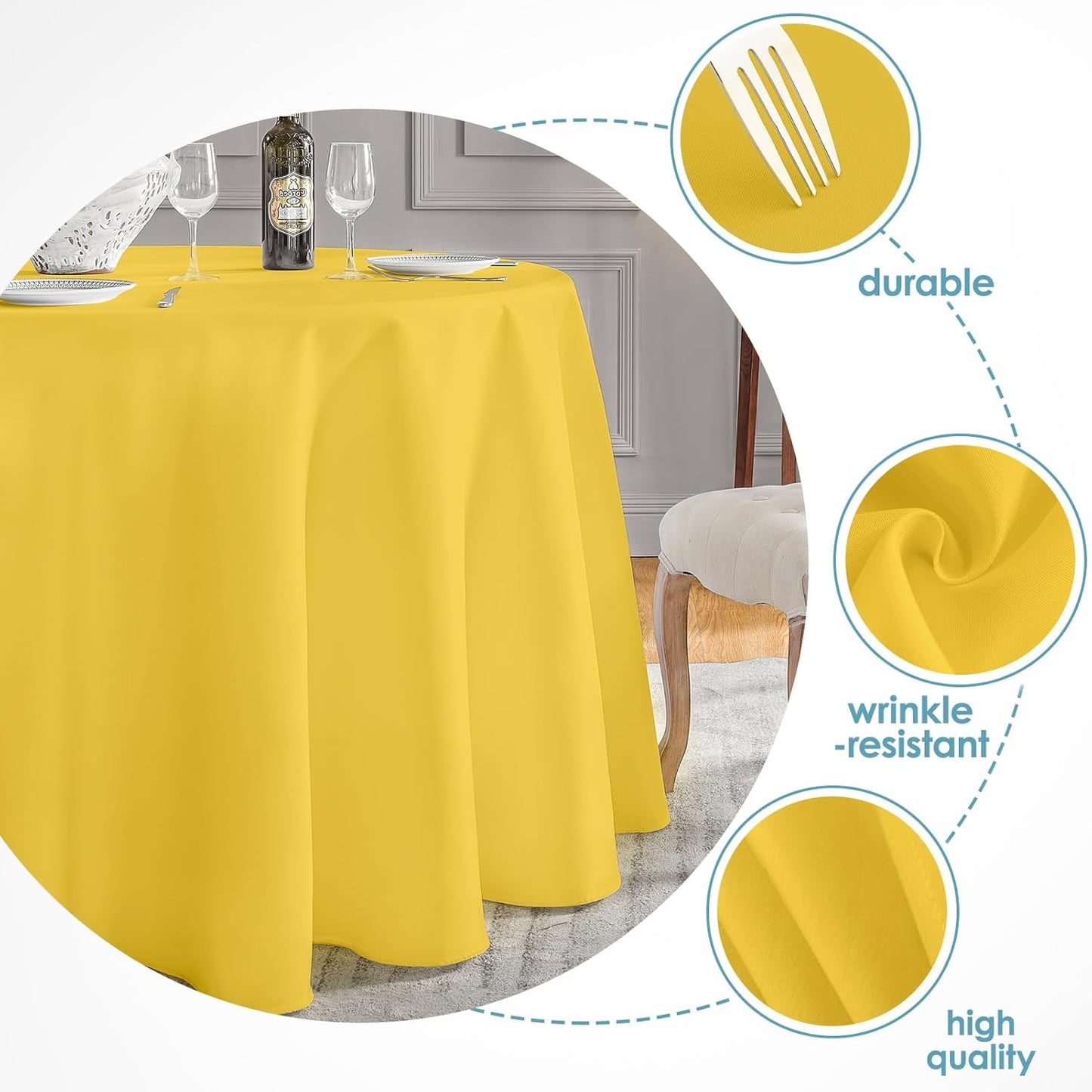 VidaFete Tablecloth 6 Pack 120inch Round Table Cloth Polyester, Stain Wrinkle Resistant Polyester Dining Table Cover for Kitchen Dinning Party Wedding Round Tabletop Buffet Decoration(Yellow)