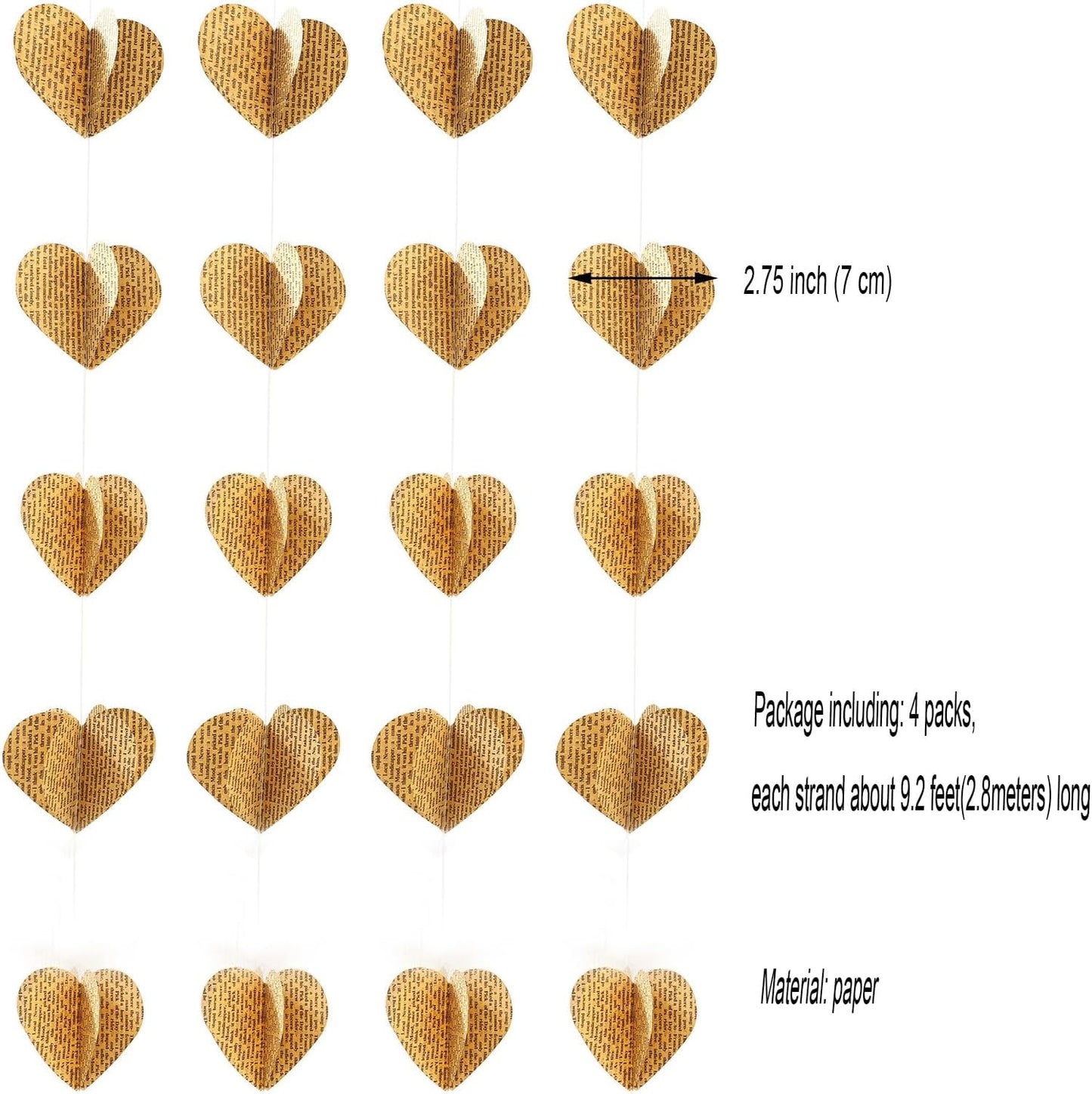 4 Pack 3D Heart Garland Vintage Pages Recycled Book Garland Newspaper Bunting Party Nursery Strand String Banner Wedding Holiday Christmas Decorate (Vintage Heart)