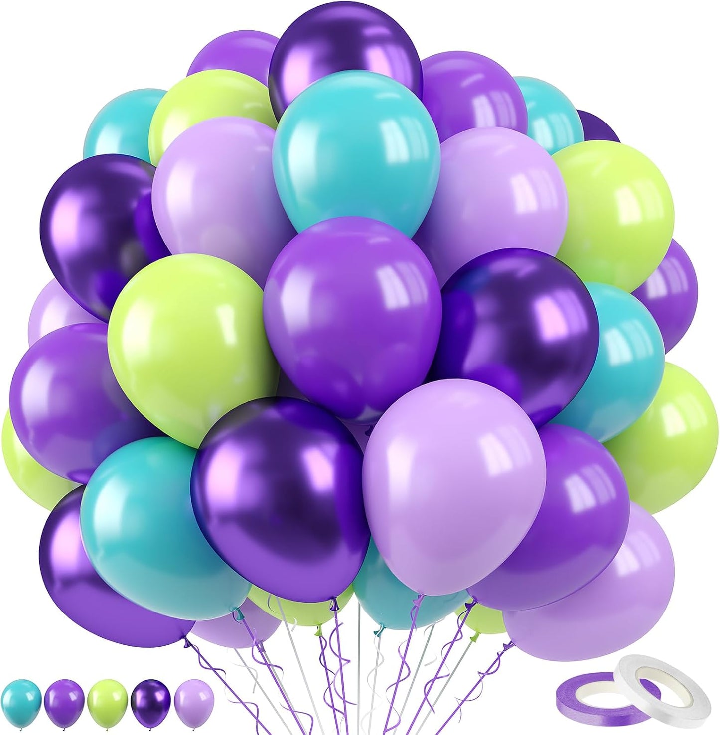 Paready Purple Green Balloons Set, 60Pcs Party Balloons, 12 Inch Fruit Green Metallic Light Purple Teal blue Latex Balloon for Birthday Baby Shower Birthday Party Supply