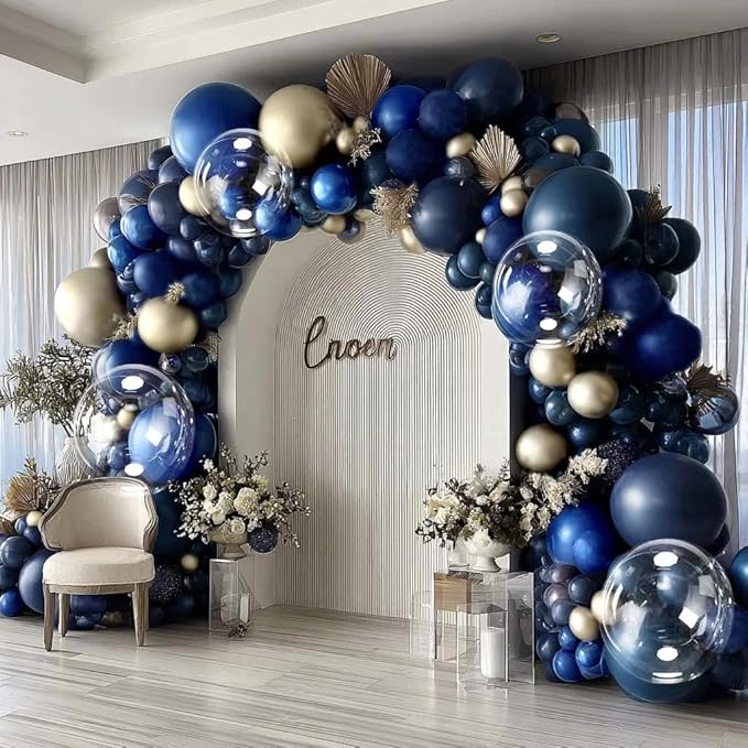 Royal Blue Gold Balloon Arch Double Stuffed Latex Bobo Pearl Gold Balloon Garland Navy Ruby Blue Balloons for Birthday Baby Shower New Year Wedding Prom Business Opening Party Decor
