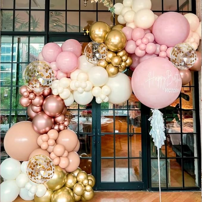 MEBAY Rose Gold Balloon Arch Kit, 147Pcs Metallic Gold White Pastel Nude Pink and Rose Gold Balloons Garland with Confetti for Wedding Bridal Baby Shower Princess Girl Birthday Party Decorations