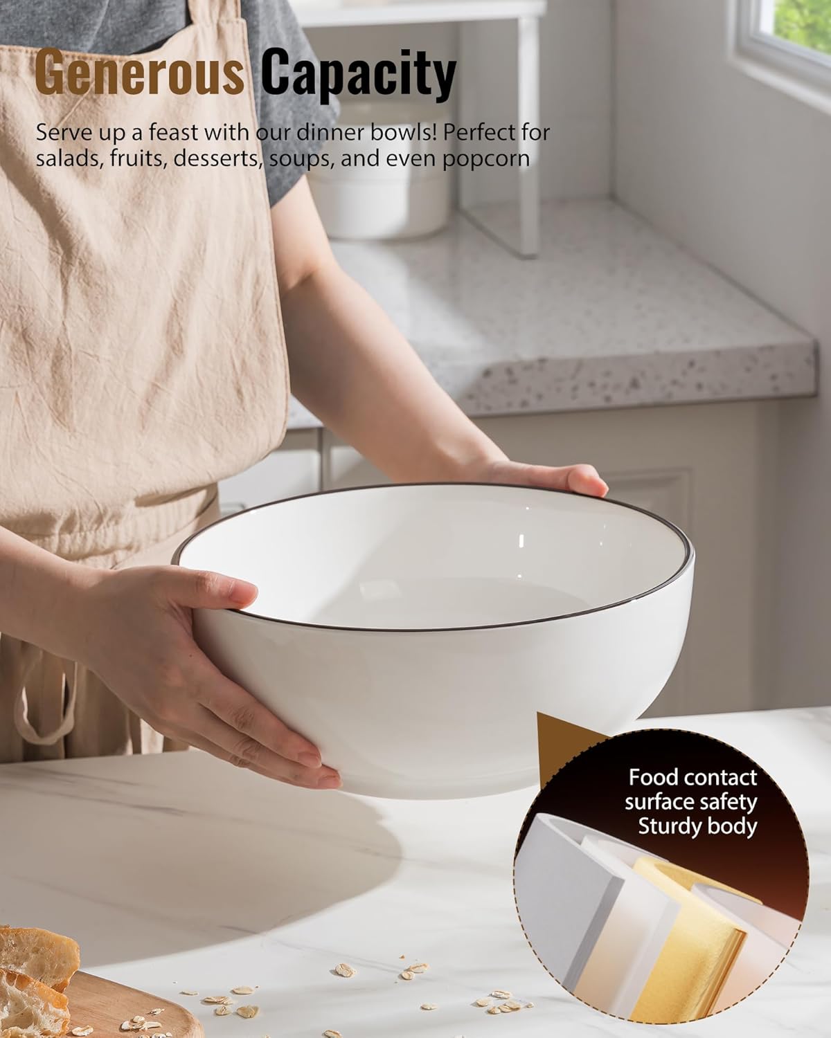 Salad Bowls, 120 OZ(10") Large Serving Bowls Set of 2, Ceramic White Serving Bowls for Salad, Soup, Pasta and Dinner, Large Porcelain Bowl Set for Entertaining with Black on the Rim