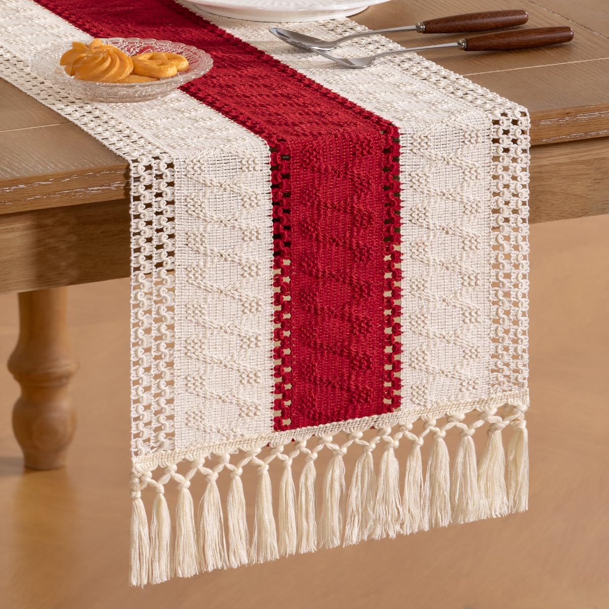Socomi Boho Table Runner Macrame Fall Thanksgiving Farmhouse Woven Cotton Linen Rustic Coffee Table Runner with Tassels for Dresser Scarf Home Decor Dining Room 12x90 in Red Ivory