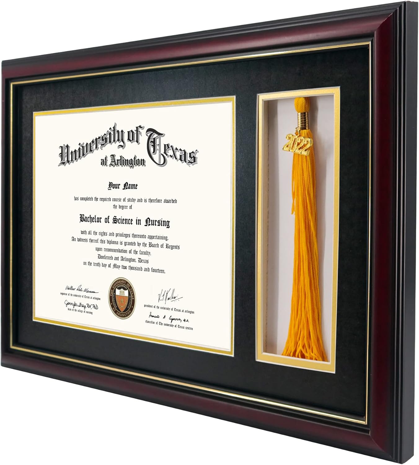 GraduationMall 11x17 Cherry Wood Diploma Frame with Tassel Holder for 8.5x11 Certificate Document,Real Glass,Black over Gold Mat