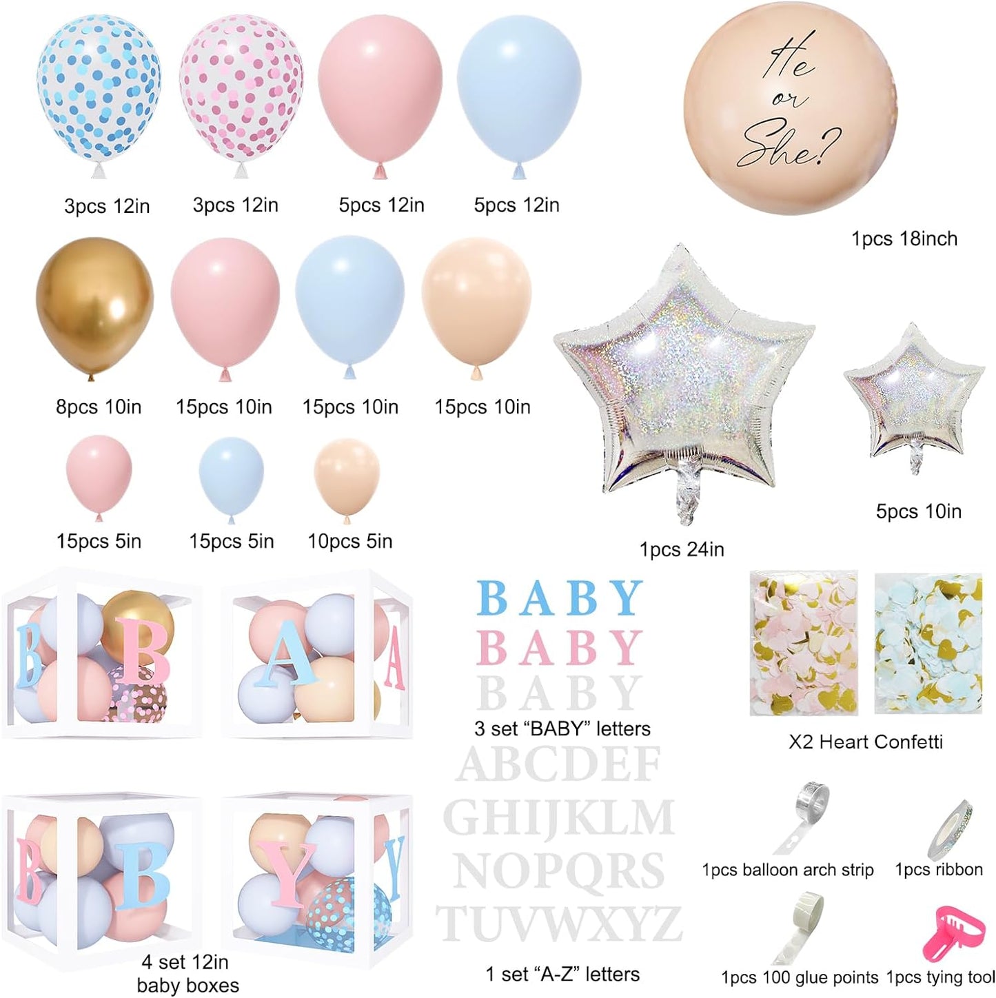 Amandir 164PCS Gender Reveal Balloon Boxes Decorations, Pink and Blue Balloon Garland Kit 4pcs Boxes with Letters (A-Z+Baby) for Baby Shower Birthday He or She Gender Reveal Party Supplies