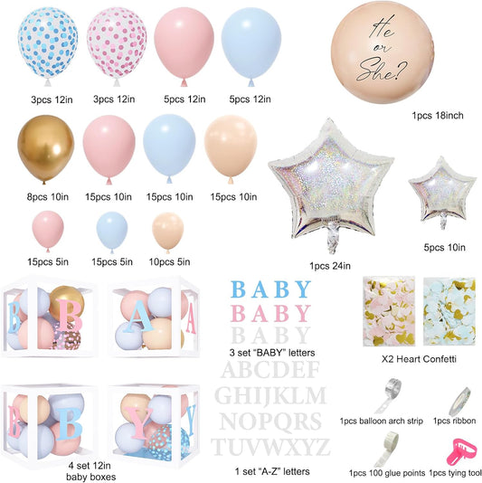 Amandir 164PCS Gender Reveal Balloon Boxes Decorations, Pink and Blue Balloon Garland Kit 4pcs Boxes with Letters (A-Z+Baby) for Baby Shower Birthday He or She Gender Reveal Party Supplies
