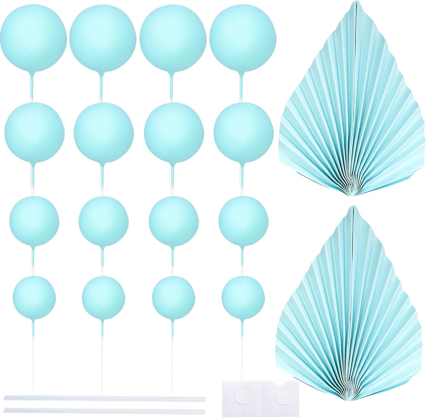 Ephlyn 28Pcs Paper Palm Fan Cake Topper Balls Cake Pick for Baby Shower Wedding Bridal Shower Birthday Anniversary Party DIY Cake Decorations Supplies Light Blue
