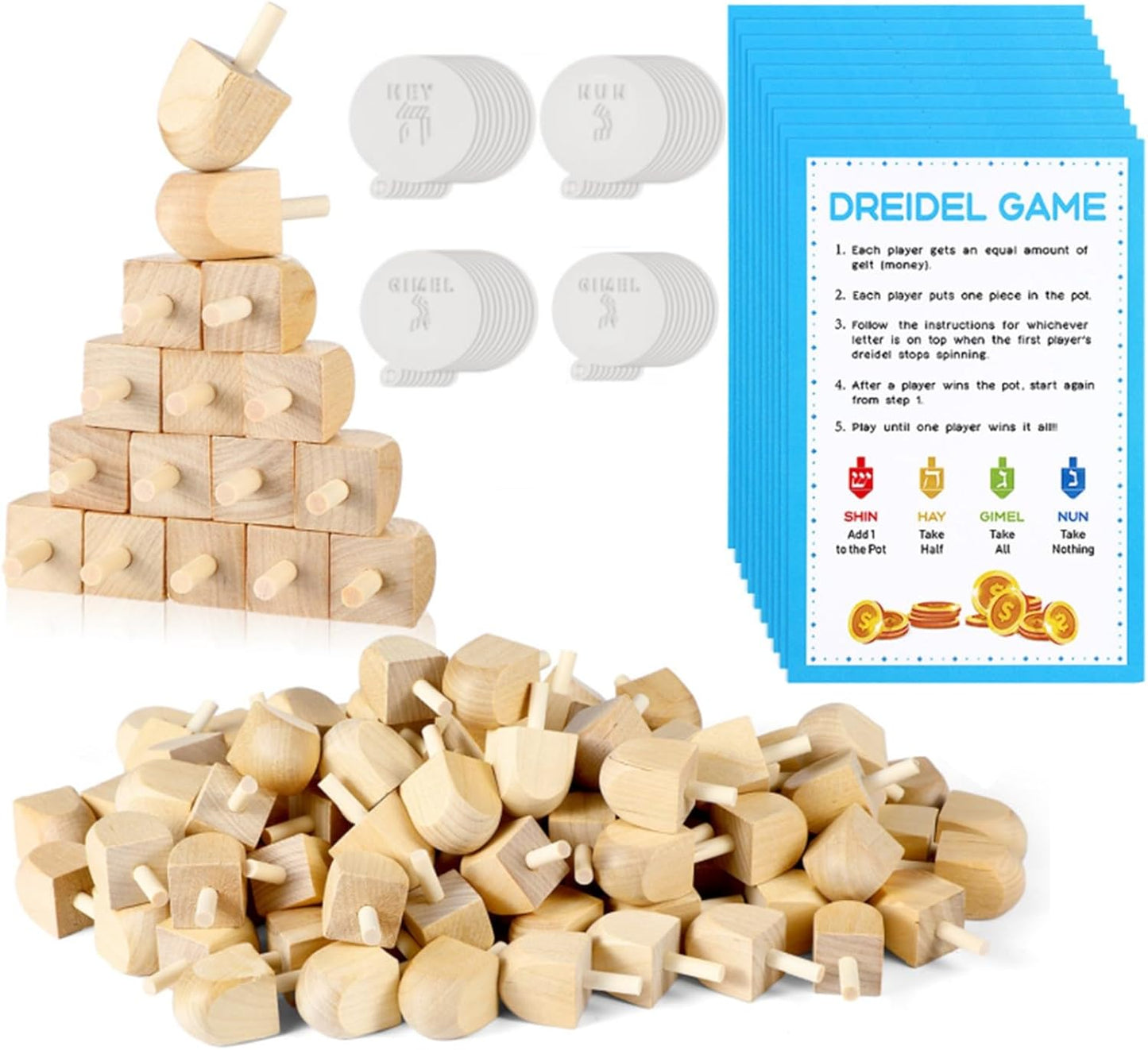 Wettarn 100 Pieces Hanukkah Dreidels Bulk Wooden Hanukkah Dreidels with Game Instruction Cards for Party Game(Size 1,DIY Style)