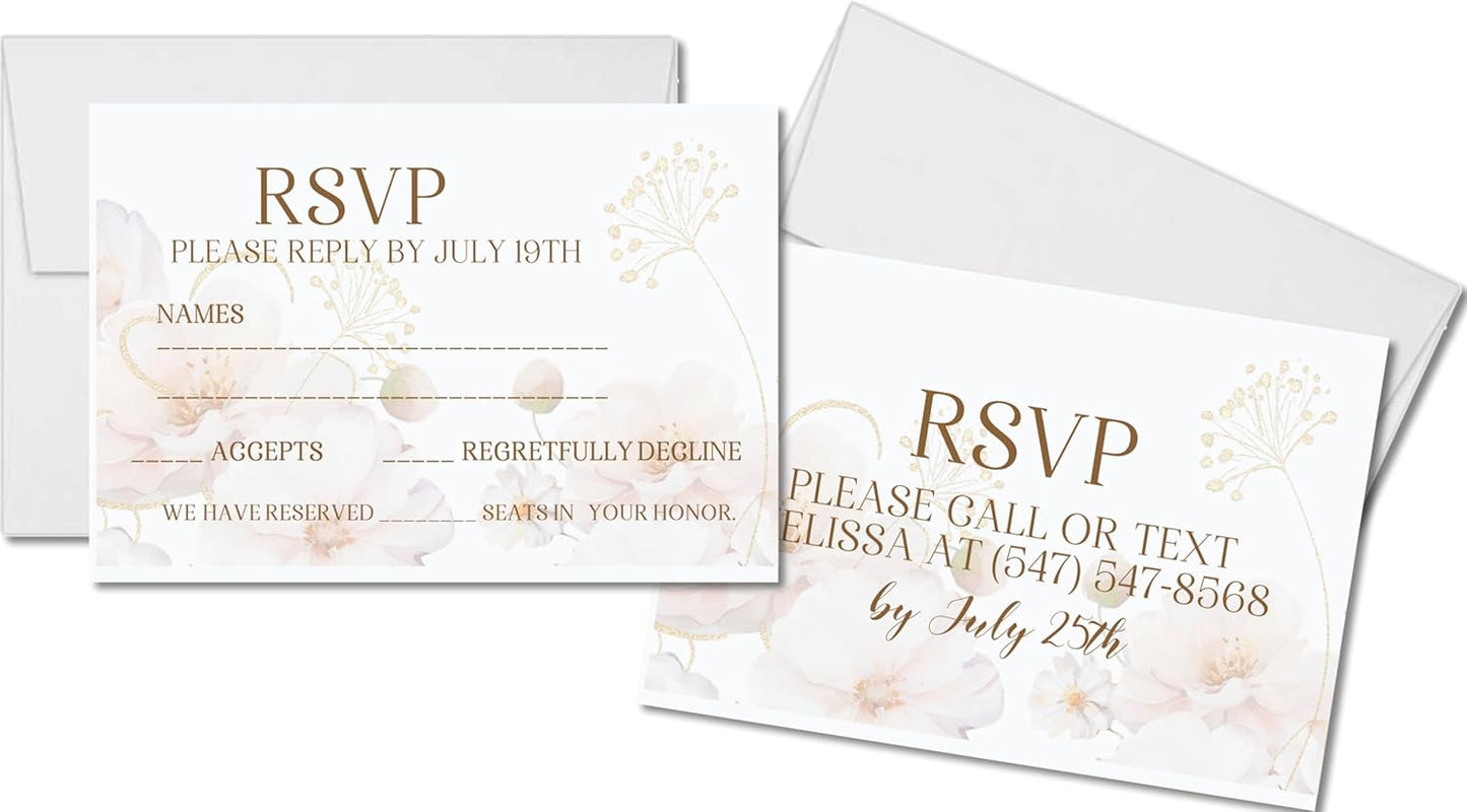 Blush, White & Gold Wedding Invitations, Personalized, Set of 12 Invitations with Envelopes