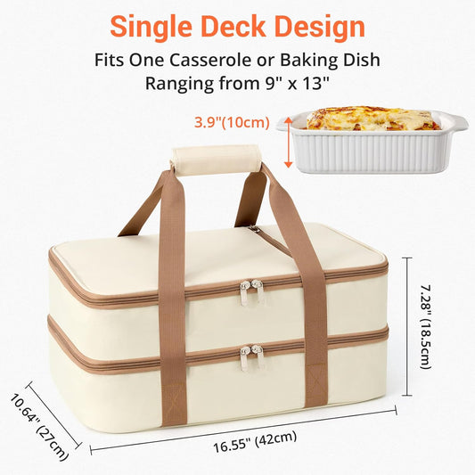 Double Insulated Casserole Carrier for Hot or Cold Food,Pie Carrier Bag Lunch Tote for Potluck Parties/Picnic/Cookouts, Fits 9"x13" Baking Dish, Beige