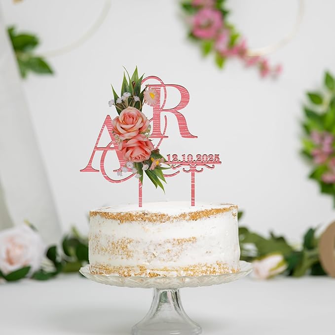 Personalized Wedding Cake Topper with 3D Artificial Flowers and Green Leaves Custom Initials Wooden Anniversary Cake Decoration