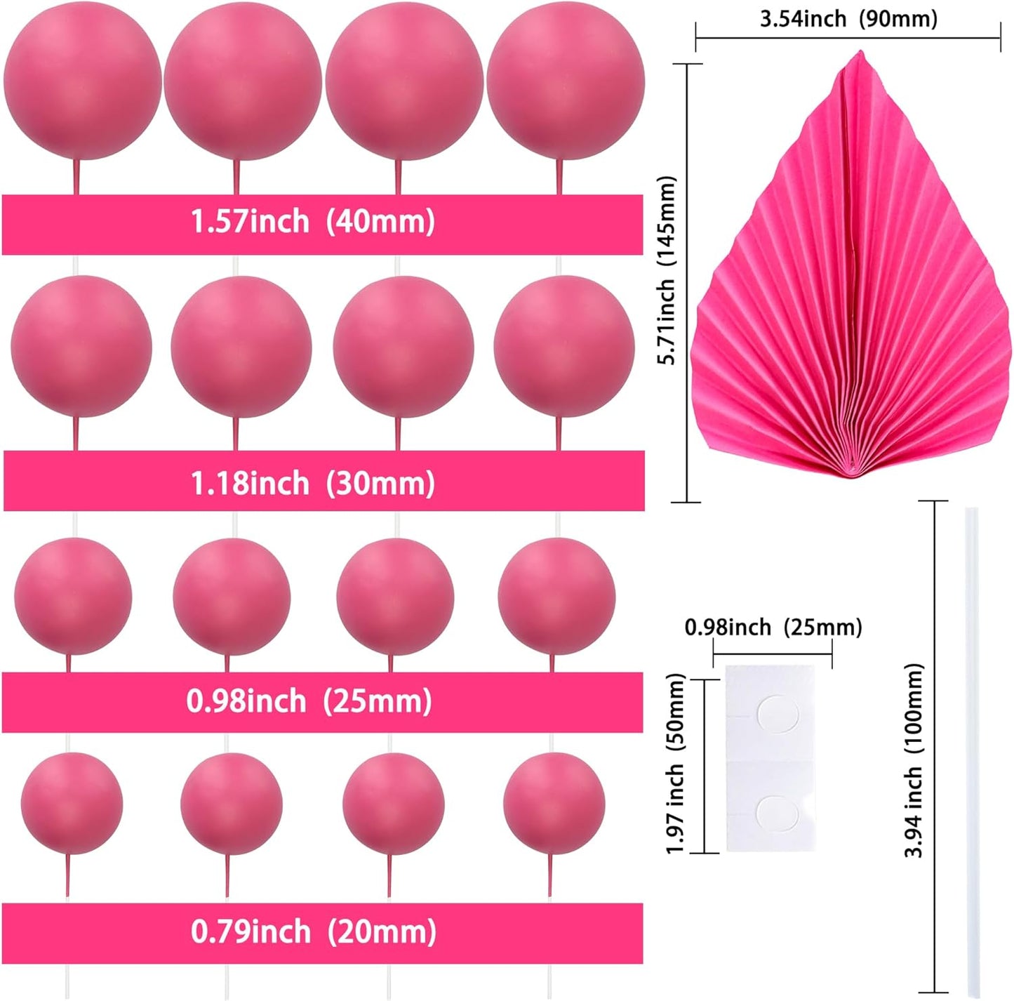 Ephlyn 28Pcs Paper Palm Fan Cake Topper Balls Cake Pick Wedding Bridal Shower DIY Cake Decorations for Baby Shower Wedding Birthday Anniversary Party Supplies Rose Red