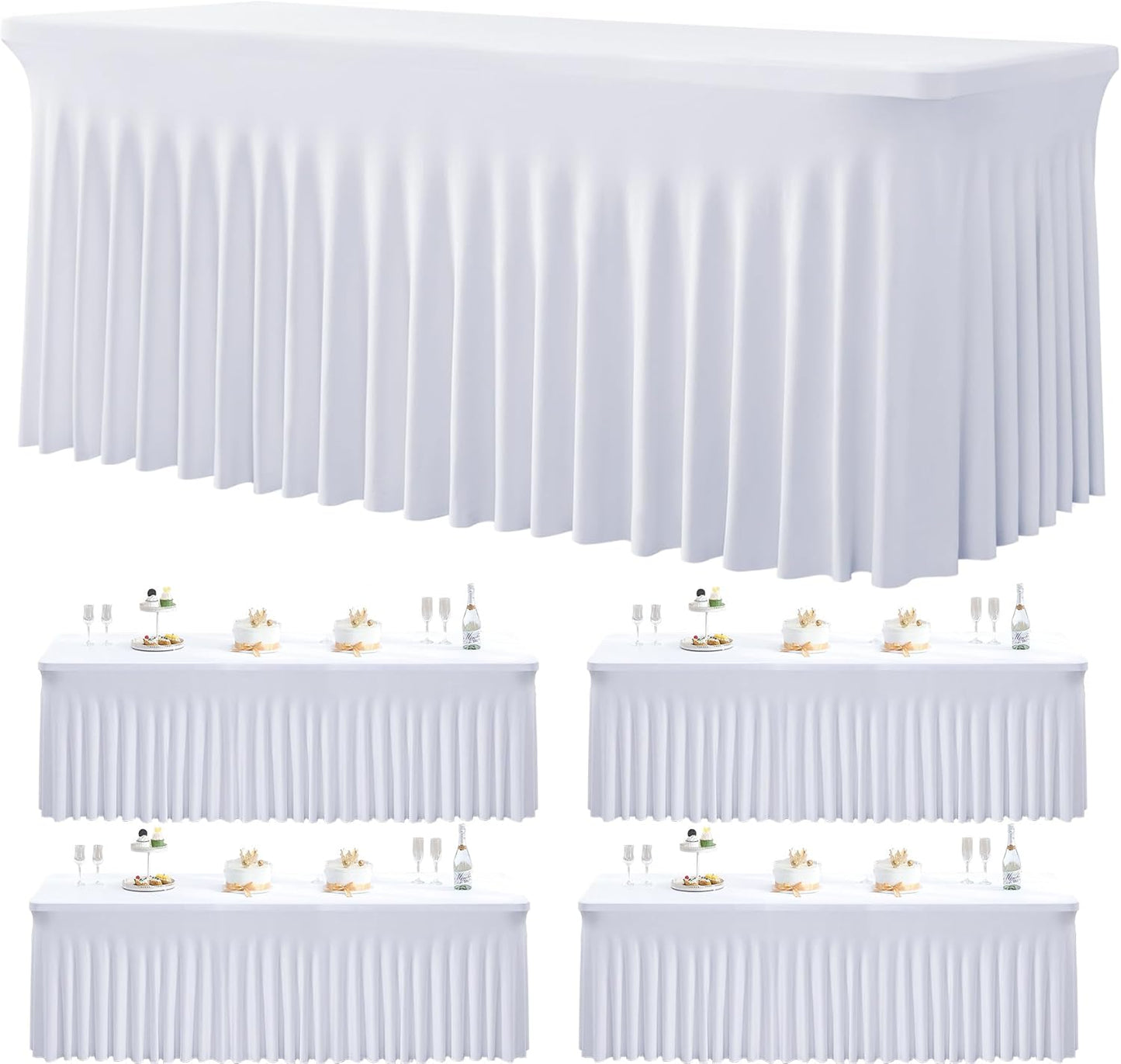 4 Pack White Spandex Tablecloth for 5 Foot Rectangle Tables, Wrinkle Free Fitted Table Clothes Cover 5ft Stretchy Tablecloths with Skirt for Parties Weddings Birthday Banquet Baby Shower