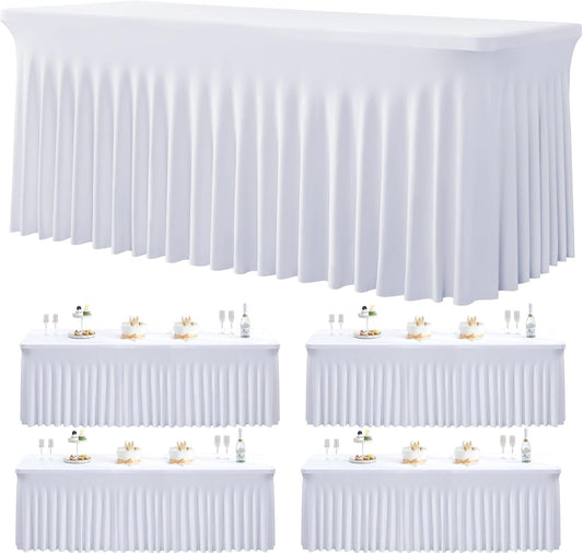 4 Pack White Spandex Tablecloth for 5 Foot Rectangle Tables, Wrinkle Free Fitted Table Clothes Cover 5ft Stretchy Tablecloths with Skirt for Parties Weddings Birthday Banquet Baby Shower