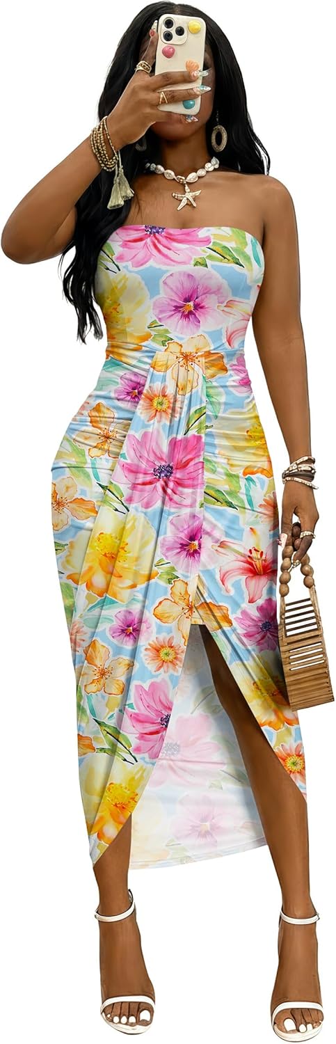 Umenlele Women's Strapless Ruched High Waist Wrap Split Asymmetrical Beach Maxi Long Dress