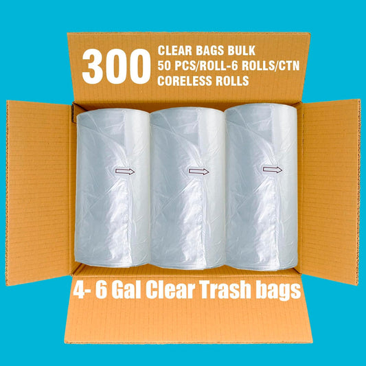 4-6 Gallon Trash Bags, 300 Count Bulk, Clear Plastic Recycling Bags, Multi-purpose Garbage Bags for Business Home Bathroom Kitchen Commercial and Industrial