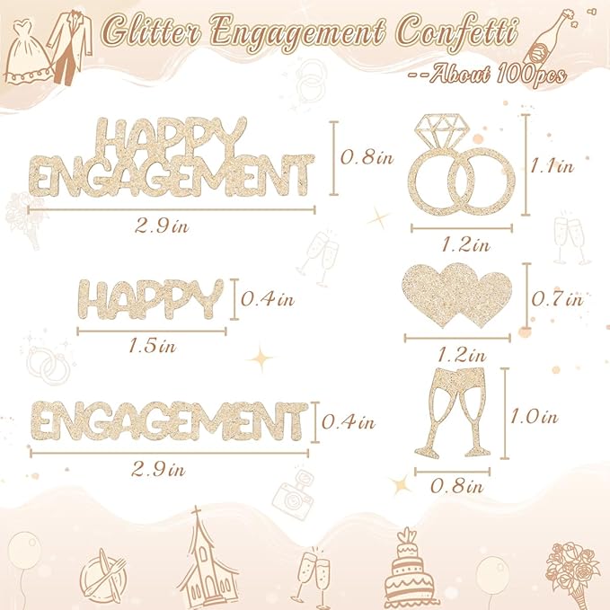 Champagne Gold Happy Engagement Confetti, Glitter Diamond Ring Table Confetti, Engaged Weeding Bachelorette Bridal Shower Party Decorations (100pcs)