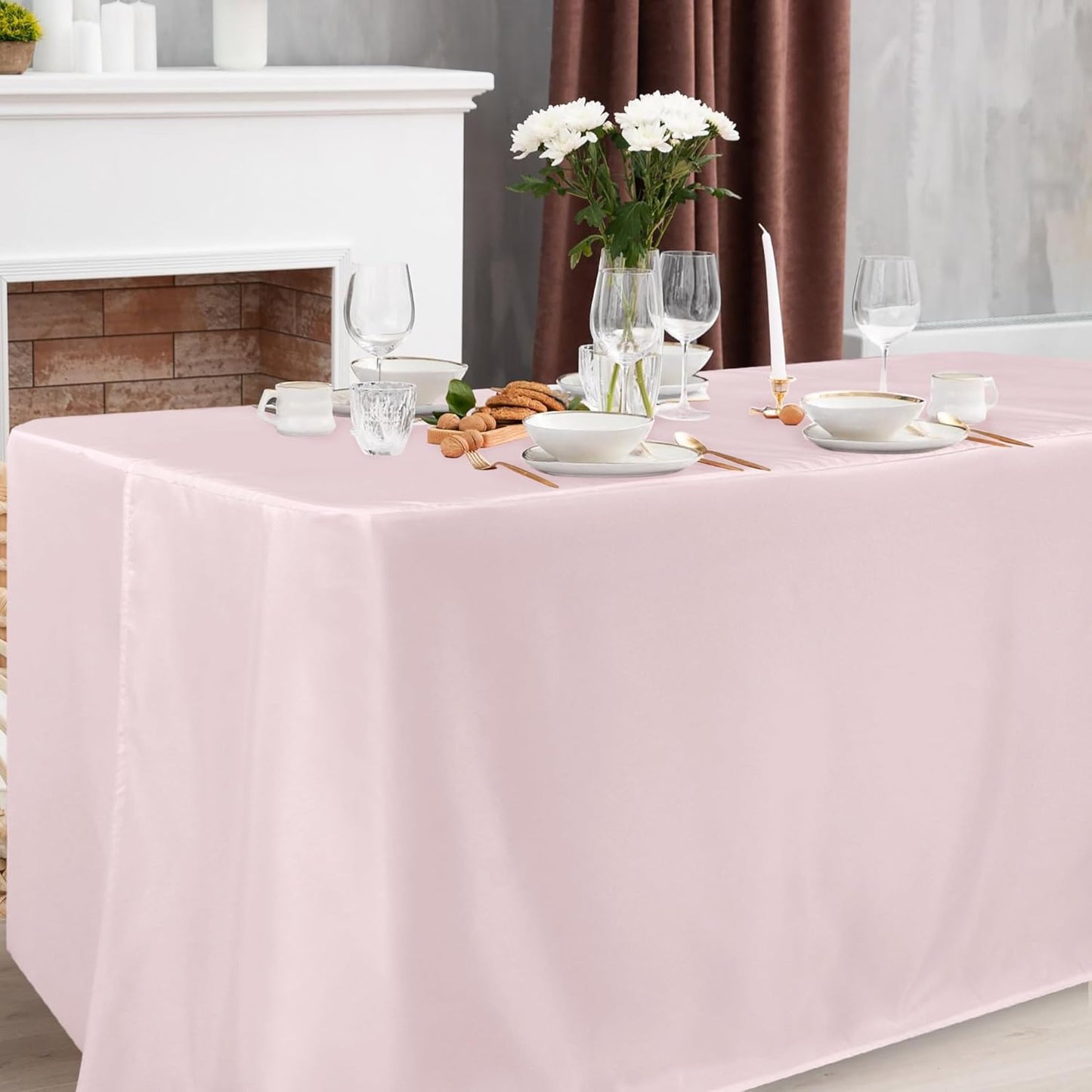 Obstal 2 Pack Table Clothes for 8 Foot Rectangle Tables - Water Resistant Washable Fabric Polyester Rectangle Table Cover Protector for Wedding, Banquet and Trade Shows, 96L x 30W Inches, Dusty Pink