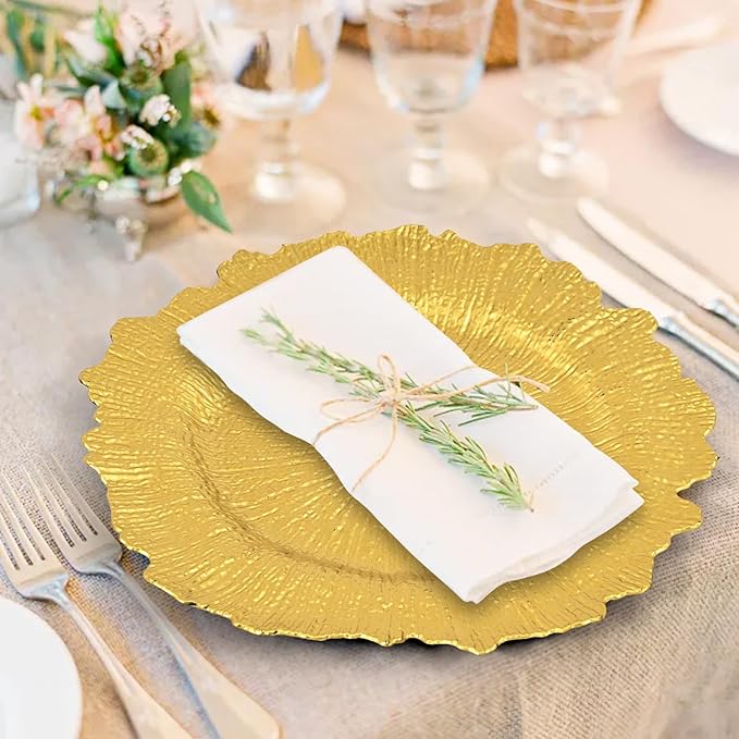 Teruntrue 24 Pcs Gold Charger Plates Bulk 13 Inch Plastic Charger Plates for Dinner Plate, Gold Chargers for Table Setting, Reef Design Plate Floral Decorative Round Chargers for Wedding Party, Event