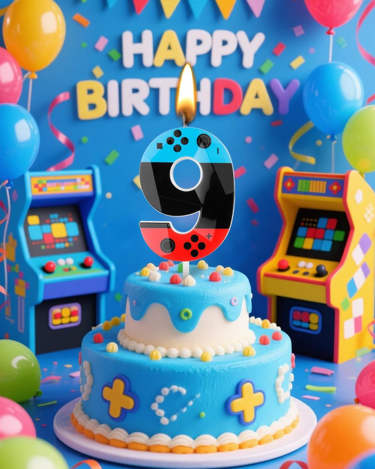 Number 9 Level Birthday Candles, 2.68 inch Gamer Candles, Red Blue Birthday Candles, Game Controller Gamepad Candles,Video Game Controller Themed Kids Boy Girl Party Supplies