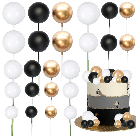 Gyufise 30Pcs Black White Gold Ball Cake Toppers Mini Balloon Cupcake Toppers DIY Foam Ball Cake Insert Decoration for Wedding Anniversary Birthday Party Supplies