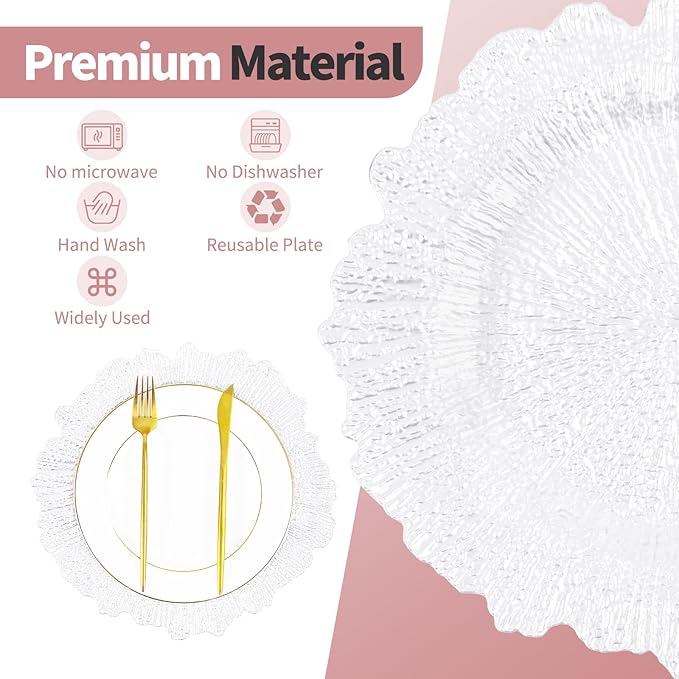 50 Pcs White Charger Plates Bulk 13 Inch Plastic Charger Plates for Dinner Plate, White Chargers for Table Setting, Reef Design Plate Floral Decorative Round Chargers for Wedding Party, Event