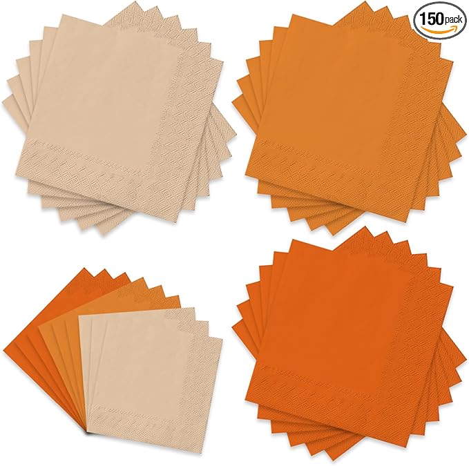 Whaline 150Pcs Orange Cocktail Napkin 3 Colors Fall Paper Napkin Disposable Beverage Napkins for Autumn Harvest Thanksgiving Home Party Birthday Wedding Table Decor Supplies