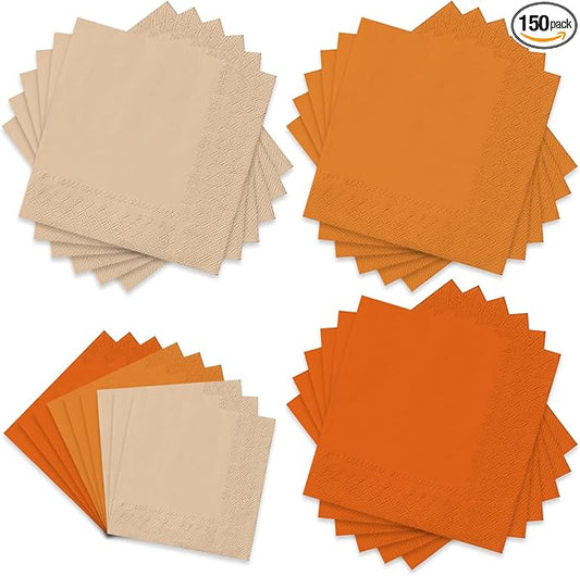 Whaline 150Pcs Orange Cocktail Napkin 3 Colors Fall Paper Napkin Disposable Beverage Napkins for Autumn Harvest Thanksgiving Home Party Birthday Wedding Table Decor Supplies