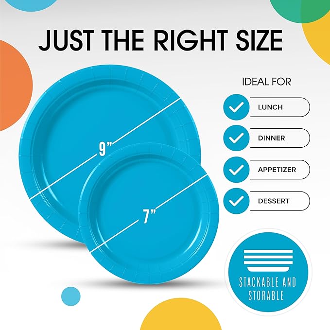 Exquisite Turquoise Paper Plates Disposable Heavy Duty 100 Pcs - 50-7" & 50-9" Turquoise Disposable Plates For Party Heavy Duty Paper Plate 350 GSM Birthday Party Supplies Plate Set