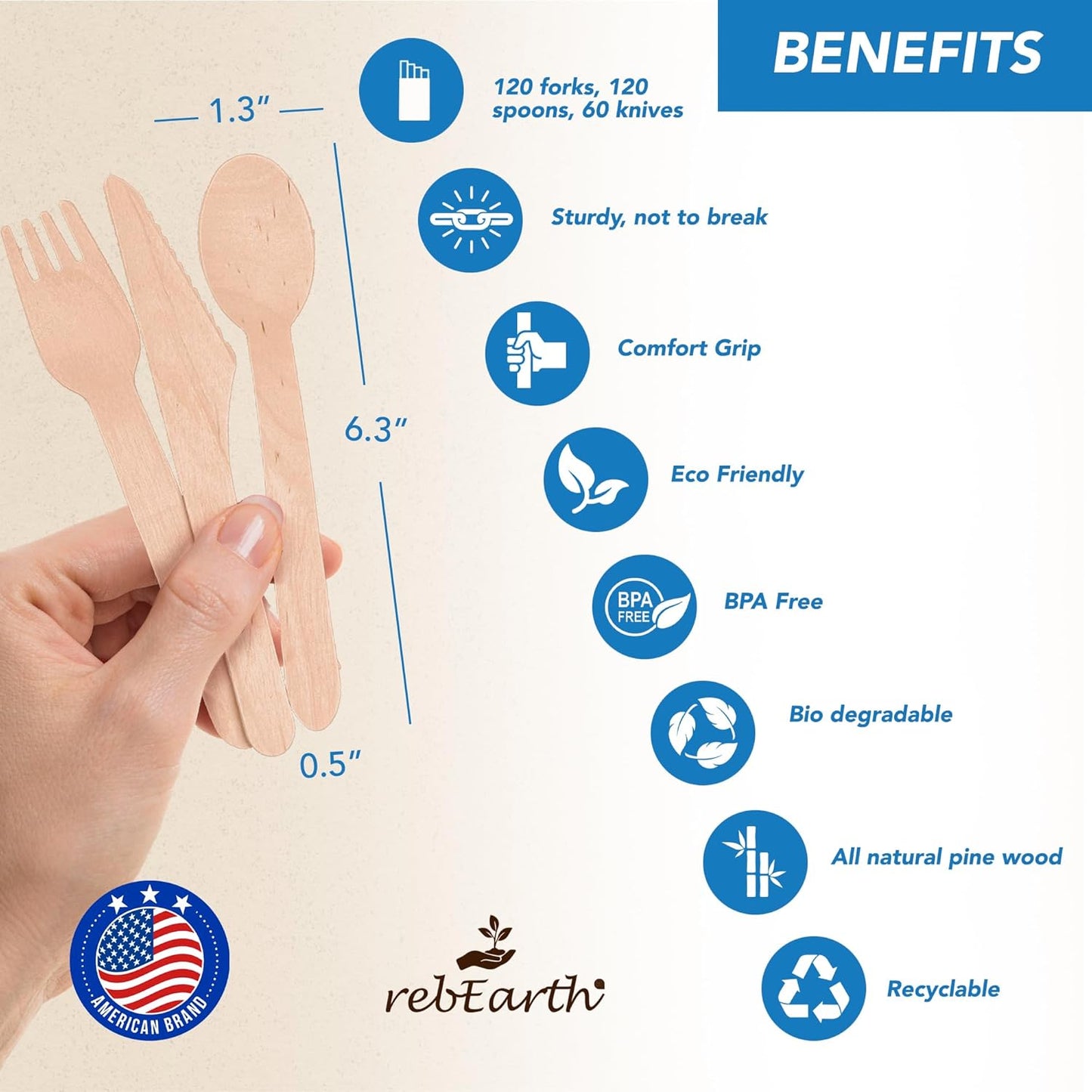 rebEarth 300 PCS disposable 120 Forks 120 Spoons 60 Knives All Natural Eco-Friendly Heavyweight Cutlery Set 6.3" - Durable, Heat Resistant - Perfect Alternative to Plastic for Every Occasion