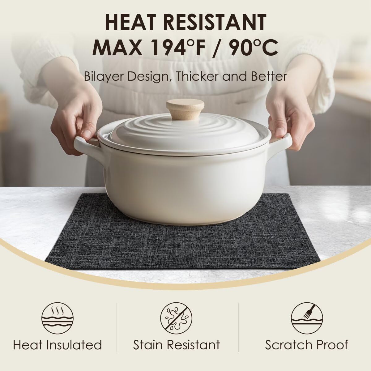 Placemats Set of 6, Bilayer Thickened Linen Place Mats Heat Resistant Machine Washable Wrinkle Free Carefully Selected Polyester Mats for Kitchen/Dining/Coffee Table (Charcoal Grey)