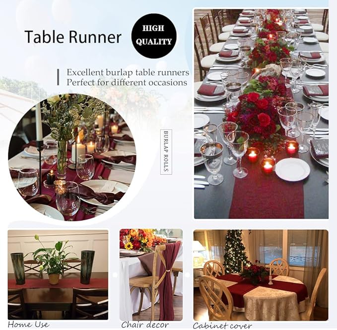 Burgundy Valentines Day Decor Table Runner Burlap Table Cloth 2 Packs Farmhouse Natural Burlap Table Runners Jute for Bridal Shower Party Style Living Room Decorations