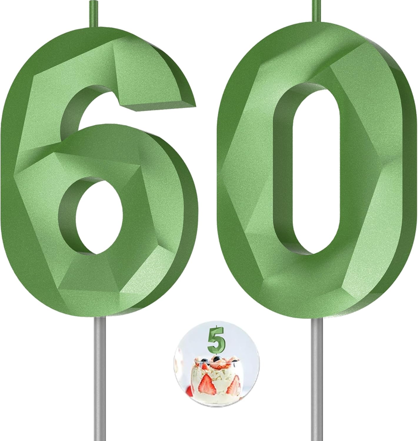 Number Birthday Candles(60 Candle Green) 3D Diamond Shape Number Happy Birthday Cake Candles for Birthday Party Wedding Decoration Reunions Theme Party