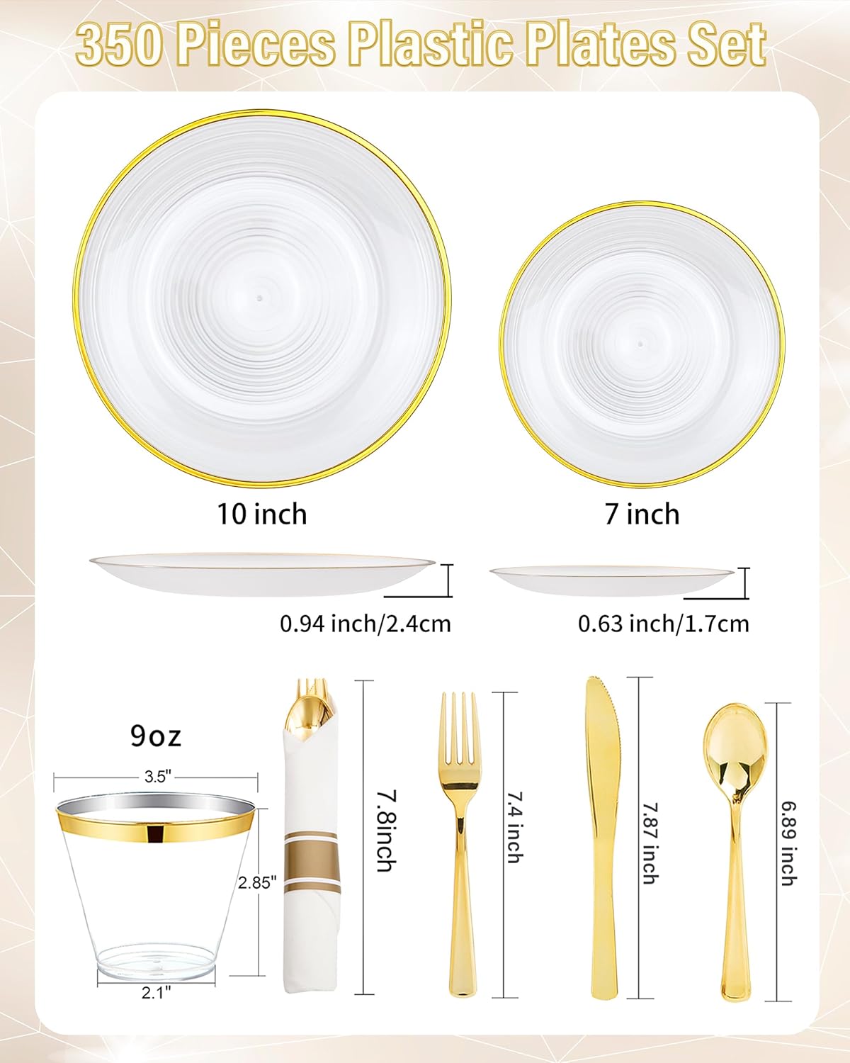 Morejoy 350PCS Pearl White and Gold Plastic Plates - Disposable Gold Party Plates & Pre Rolled Napkins with Cutlery for 50 Guests, 100Plates, 150Silverware, 50Cups, 50Napkin for Party & Thanksgiving