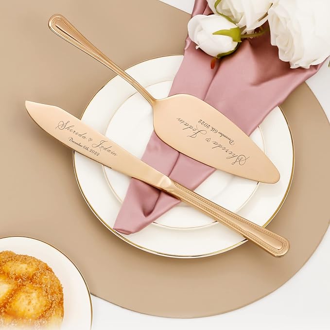 Cake Cutting Set for Wedding, Personalized Wedding Cake Knife and Server Set, Vintage Engraved 2-Piece Pie Pizza Cutter Serving Set, Custom Bridal Anniversary Birthday Quinceañera Gift(Rose Gold)