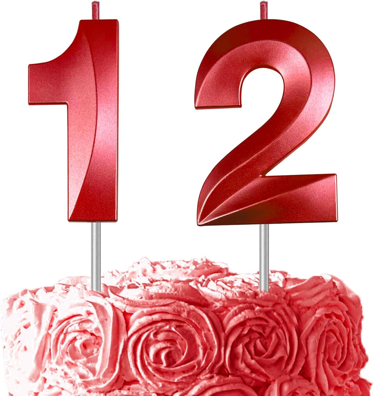 Red Number 12 Candles, 3D Diamond 2.76 Inch Cake Topper Birthday Candles for Wedding Anniversary Cake Decorations, Happy Birthday Party Decorations