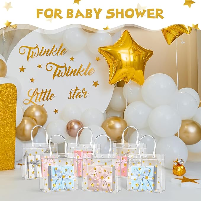 Aliceset 20 Pcs 8 x 8 x 3.15 Inch Clear PVC Gift Bags with Handles Small Gold Foil Star Transparent Star Party Favor Goodie Bags for Baby Shower Birthday Wedding Candy Snack Gift Wrapping