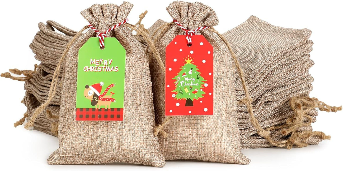 Tapleap Burlap Bags with Drawstring, 4x6 Inches Burlap Sack with Christmas Tags and String (Lot of 50) for Wrapping Christmas Gifts, Party Favors or for Christmas Decorations