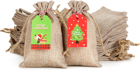 Tapleap Burlap Bags with Drawstring, 4x6 Inches Burlap Sack with Christmas Tags and String (Lot of 50) for Wrapping Christmas Gifts, Party Favors or for Christmas Decorations
